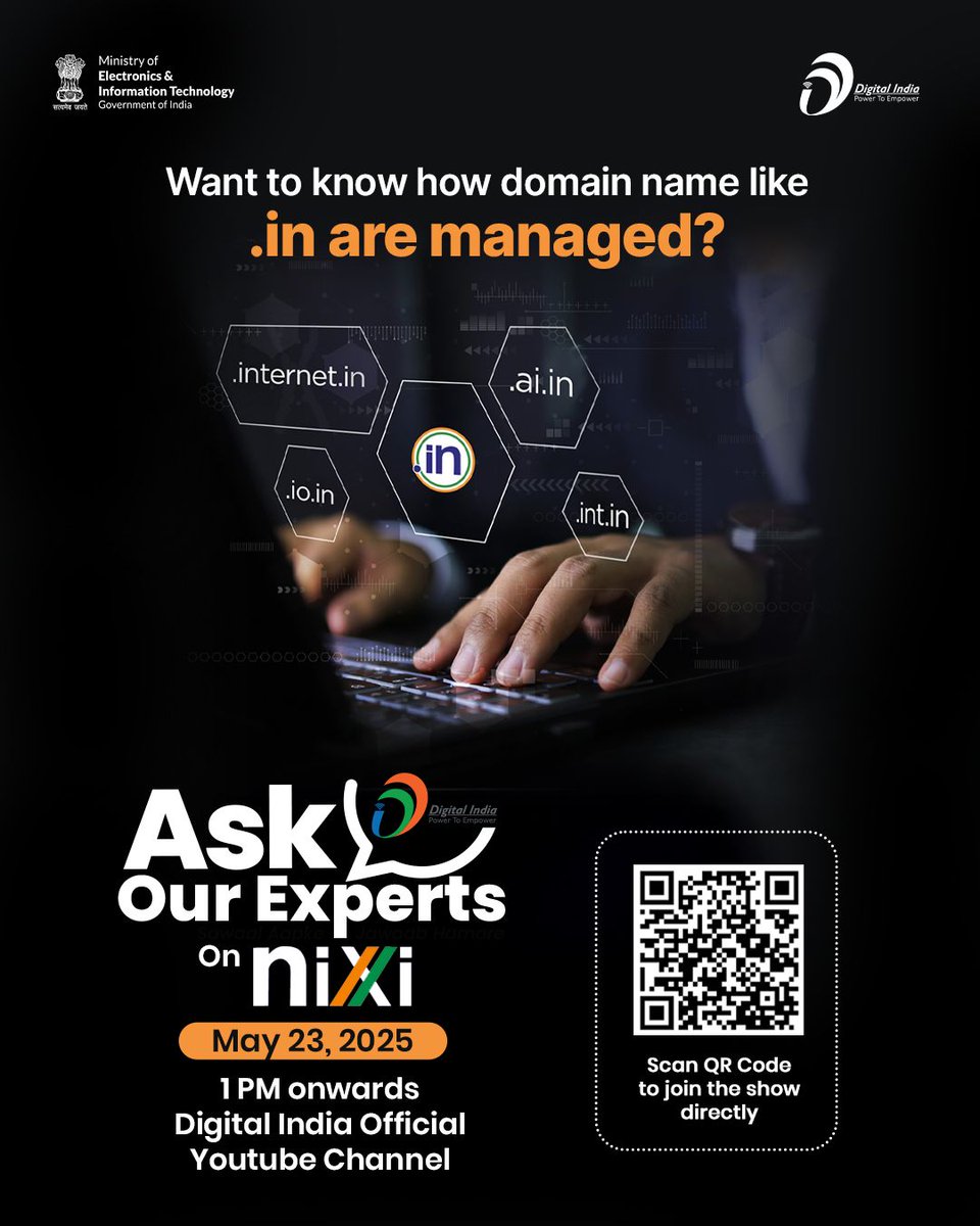 GoI_MeitY's tweet photo. Join us for this week’s #AskOurExperts session featuring the @inregistry – the backbone of India’s internet infrastructure.

💬 Join us live at https://t.co/1g0WntHekH
👨‍💻 Keep your questions ready to ask during the LIVE session.
#AskOurExperts #DigitalIndia #InternetInIndia https://t.co/ZRBanZEc8M
