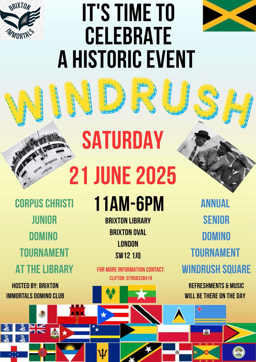 Lambeth Council (@lambeth_council) on Twitter photo We’re looking forward to marking and celebrating Windrush Day 2025 in #Lambeth
Events will be held in Lambeth across the weekend including the <a href="/ClubBrixton/">Brixton immortals domino club</a> domino tournaments on June 21: We’re looking forward to marking and celebrating Windrush Day 2025 in #Lambeth
Events will be held in Lambeth across the weekend including the <a href="/ClubBrixton/">Brixton immortals domino club</a> domino tournaments on June 21: