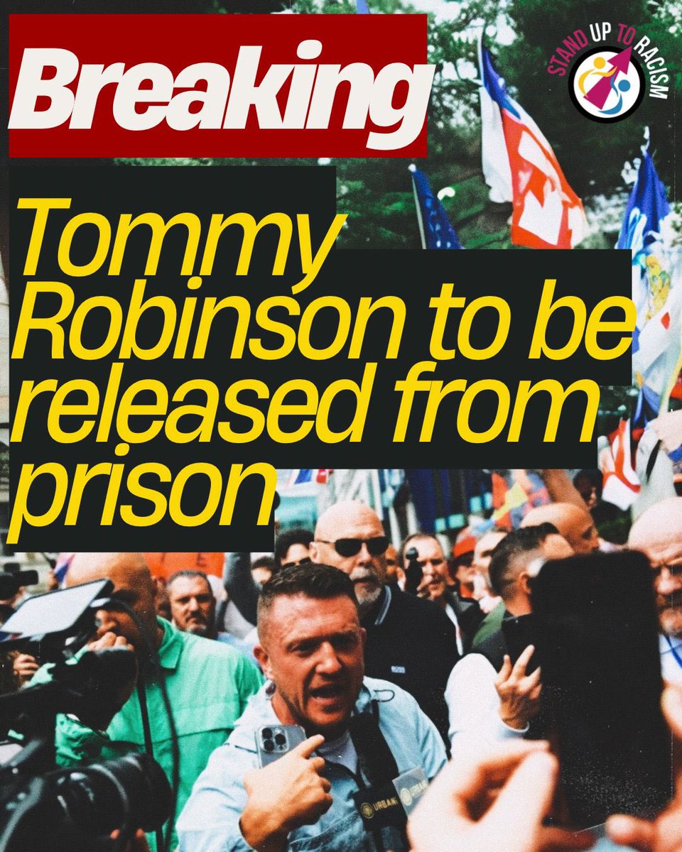 AntiRacismDay's tweet photo. 🚨BREAKING Fascist Tommy Robinson is to be released from prison within the next week. We have mobilised tens of thousands to stop his attempts to build a fascist street movement in Britain - and we’ll do it again. Join us #StandUpToRacism https://t.co/1JQ7V95AEX