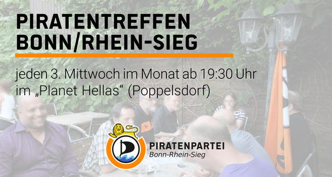 Mittwoch, 21.05.2025, ist ab 19:30 Uhr wieder #Stammtisch der #Piraten in #Bonn / #RheinSieg.  Wir sind im „Planet Hellas“, Clemens-August-Str. 81, in Bonn-Poppelsdorf und freuen uns auf euch!