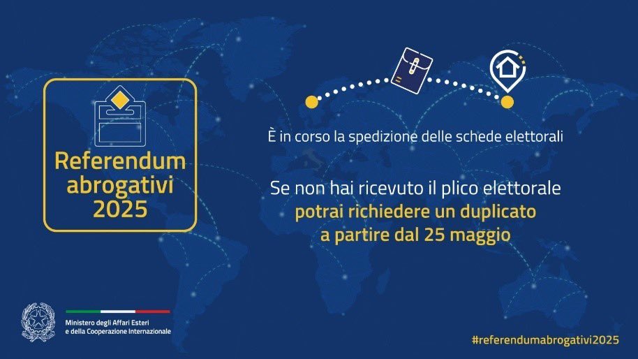 #Referendumabrogativi2025
È in corso la spedizione delle schede elettorali! Se non hai ricevuto il plico elettorale potrai richiedere un duplicato a partire dal 25 maggio al tuo Consolato di riferimento.

Maggiori info: conshongkong.esteri.it/en/news/dal_co…