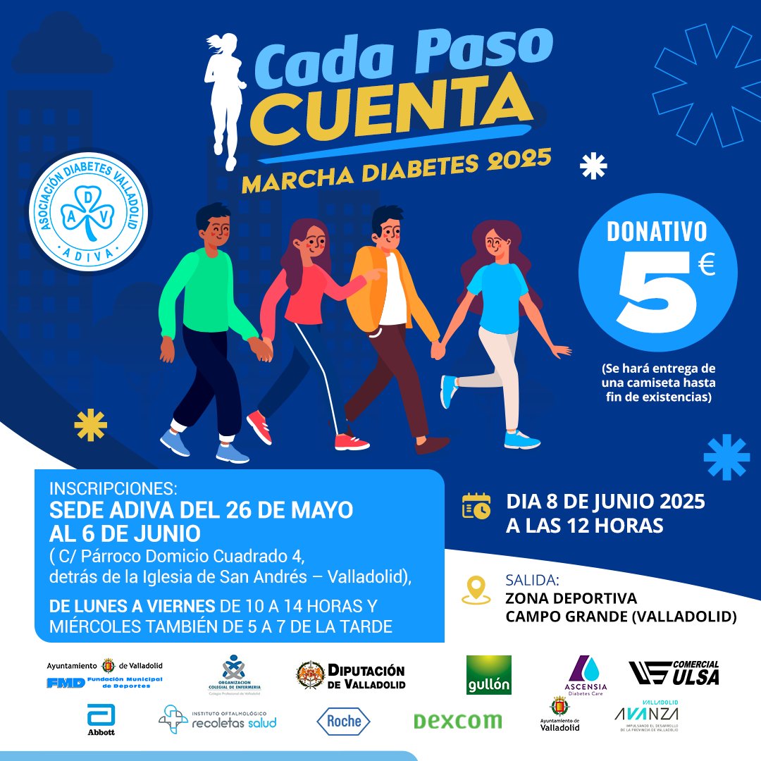 🏃‍♀️ ¡Prepárate para la Marcha Solidaria por la Diabetes 2025! 🩺
El 8 de junio a las 12:00 h, nos reuniremos en la Zona Deportiva Campo Grande, Valladolid, para caminar juntos por la diabetes. 💙