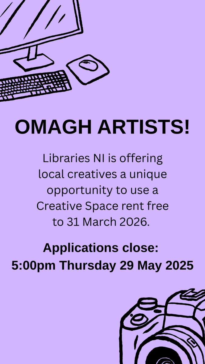 An amazing opportunity for any Omagh based artists to apply for a creative space - rent free!

Applications close on the 29th of May 

librariesni.org.uk/news/omagh-lib…

<a href="/LibrariesNI/">Libraries NI</a>