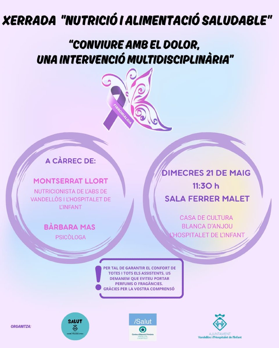 Oberta al públic / Abierta al público 🤩
Demà dimecres 21 de maig a les 11.30 h a la Sala Ferrer Malet, Cicle d'Intervencions Multidisciplinar per al Dolor Crònic, amb el tema "Nutrició i Alimentació Saludable".