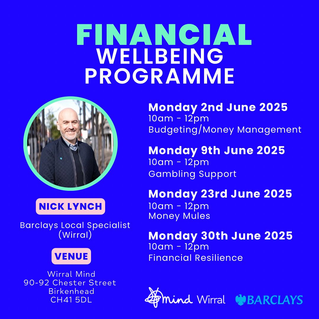 Wirral Mind (@wirralmind) on Twitter photo We’re excited to launch a new series of Financial Wellbeing sessions designed to help you feel more confident, informed, and in control of your finances.
To book your free place, please contact us on 0151 512 2200 or email learning@wirralmind.org.uk We’re excited to launch a new series of Financial Wellbeing sessions designed to help you feel more confident, informed, and in control of your finances.
To book your free place, please contact us on 0151 512 2200 or email learning@wirralmind.org.uk