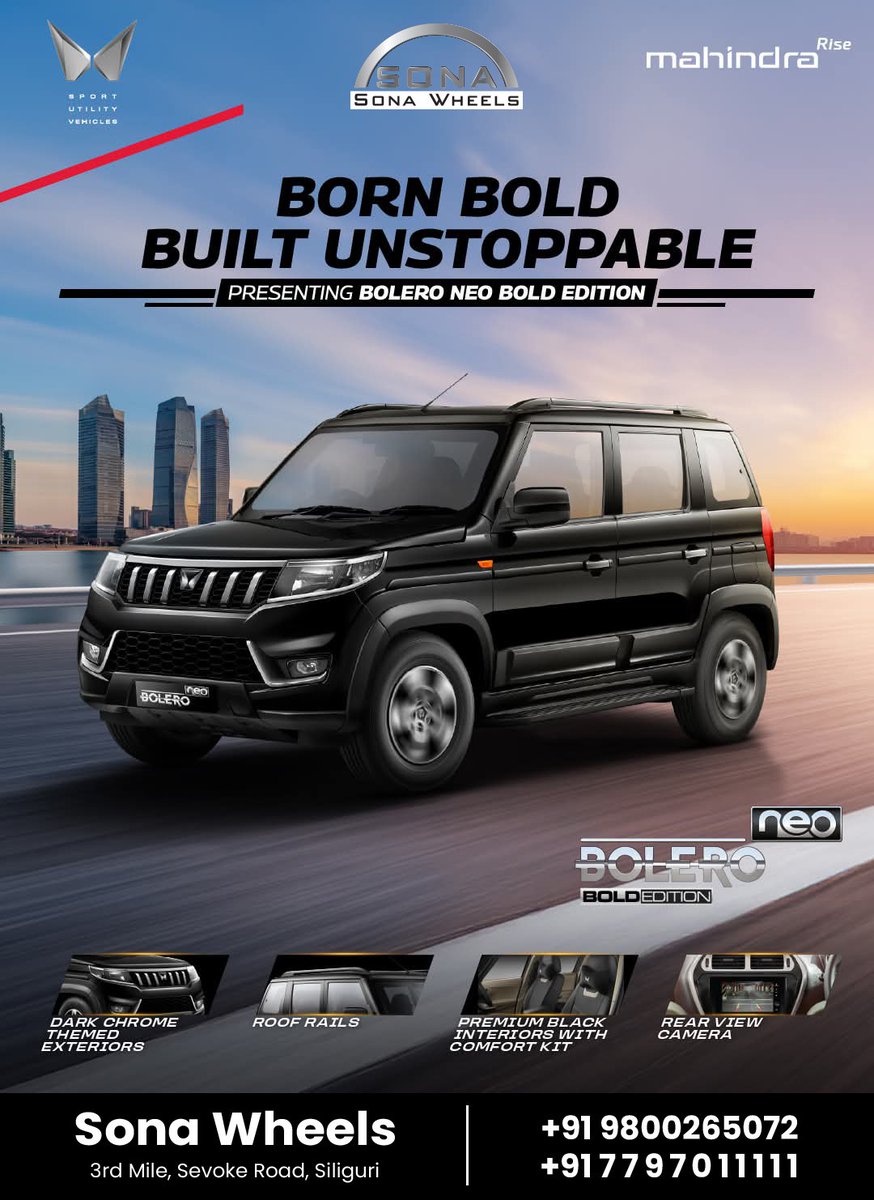 swplsiliguri's tweet photo. The Bolero Neo Bold edition is here to rule every road in style.

Curated via exclusive accessories package.

Contact us for Book Now 098002 65072 
.
.

#SonaWheels #MahindraAuto #MahindraBoleroNeo #BoleroNeoBoldEdition #Siliguri https://t.co/NKONRLDde7