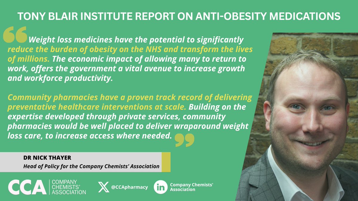 Company Chemists' Association (@ccapharmacy) on Twitter photo We are pleased to offer support of <a href="/InstituteGC/">Tony Blair Institute for Global Change</a>’s latest report on anti-obesity medicines.
❗️Community pharmacies are well placed to deliver weight loss medicines and care.
📰Read more on the report and see our comment featured in <a href="/DailyMail/">Daily Mail</a>: bit.ly/4dmi0im We are pleased to offer support of <a href="/InstituteGC/">Tony Blair Institute for Global Change</a>’s latest report on anti-obesity medicines.
❗️Community pharmacies are well placed to deliver weight loss medicines and care.
📰Read more on the report and see our comment featured in <a href="/DailyMail/">Daily Mail</a>: bit.ly/4dmi0im