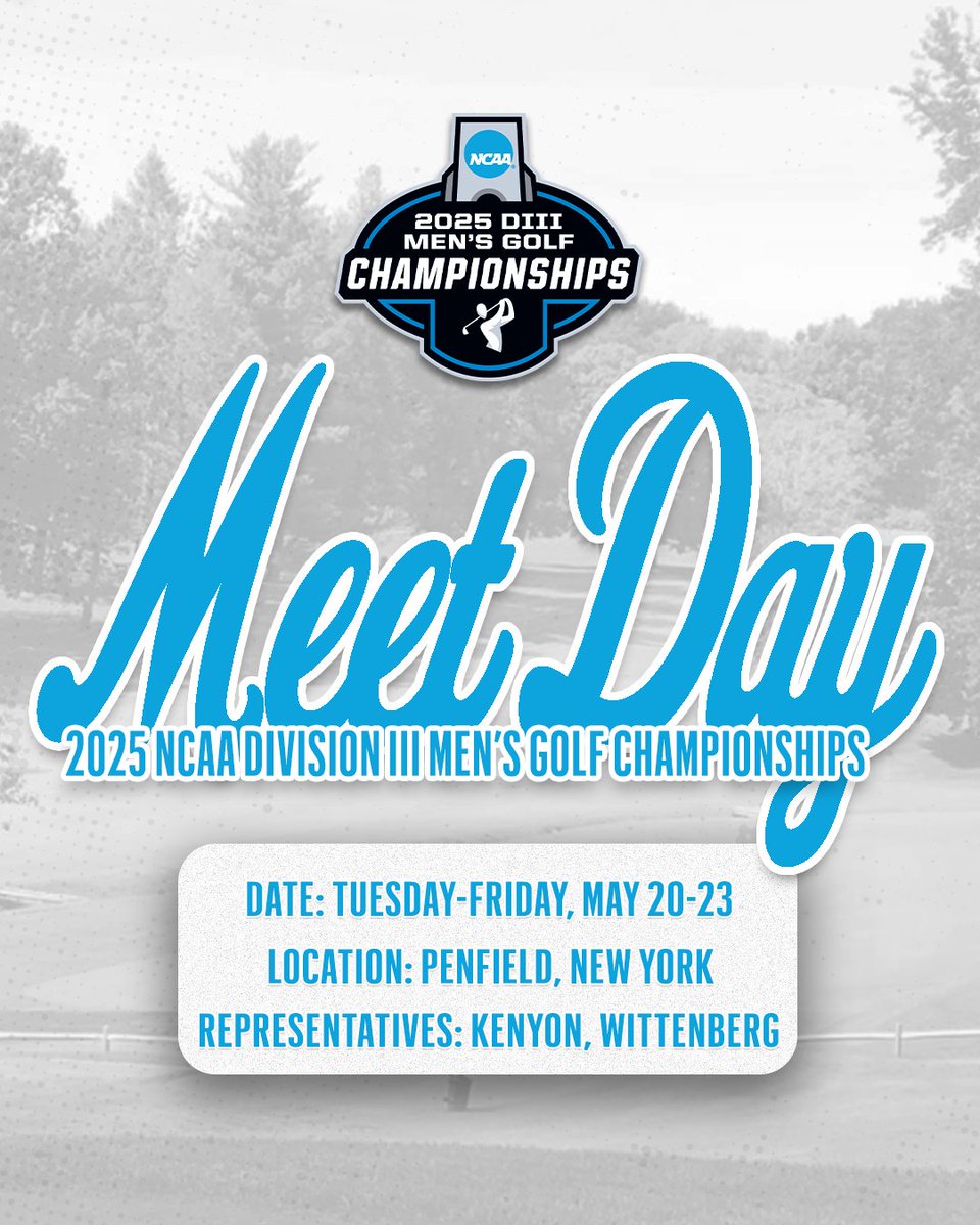 NCAC (@ncac) on Twitter photo The <a href="/NCAADIII/">NCAA Division III</a> Men’s Golf Championships tee off today in Penfield, NY!
Kenyon and Wittenberg are set to represent the NCAC on the national stage at Midvale Country Club.
Tee Times: Wittenberg 7:45 AM | Kenyon 8:35 AM
📈 tinyurl.com/48a72s3r
ℹ️ tinyurl.com/mv95caaf The <a href="/NCAADIII/">NCAA Division III</a> Men’s Golf Championships tee off today in Penfield, NY!
Kenyon and Wittenberg are set to represent the NCAC on the national stage at Midvale Country Club.
Tee Times: Wittenberg 7:45 AM | Kenyon 8:35 AM
📈 tinyurl.com/48a72s3r
ℹ️ tinyurl.com/mv95caaf