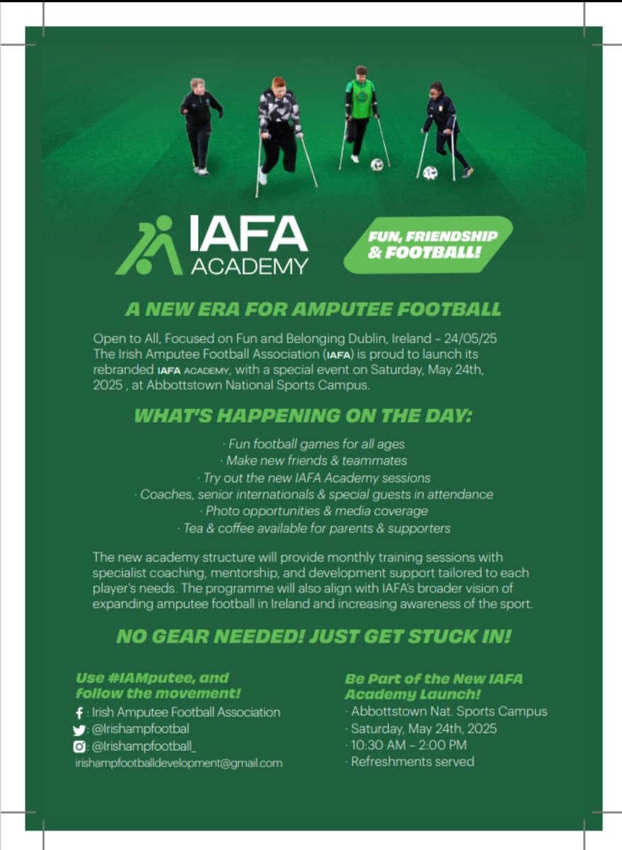 Irish Amputee Football and Academy. 
IAFAcademy for kids from 5 years upwards, open to those with limb effected or Amputee.

<a href="/ffa_fai/">FAIFootballForAll</a>

Link 👇docs.google.com/forms/d/e/1FAI… docs.google.com/forms/d/e/1FAI…