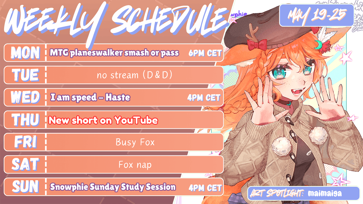 A bit late but we have the schedule for the week! I am really busy with IRL obligations so everything is subject to change.
Regardless, I hope you all have a wonderful week✨