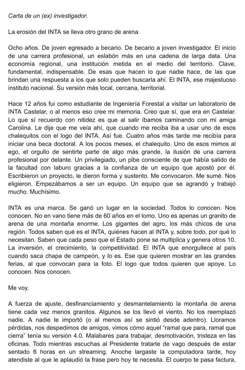 DataDiario's tweet image. 🥺"ME VOY CON UN PUÑAL EN EL CORAZÓN"

✍️ Así comienza la publicación que hizo en X el Dr Ing Forestal @sebabnnn, en la cual subió la carta de despedida a sus compañeros del INTA, y relata con crudeza lo orgulloso que estaba de pertenecer y la forma en que se viene destruyendo.