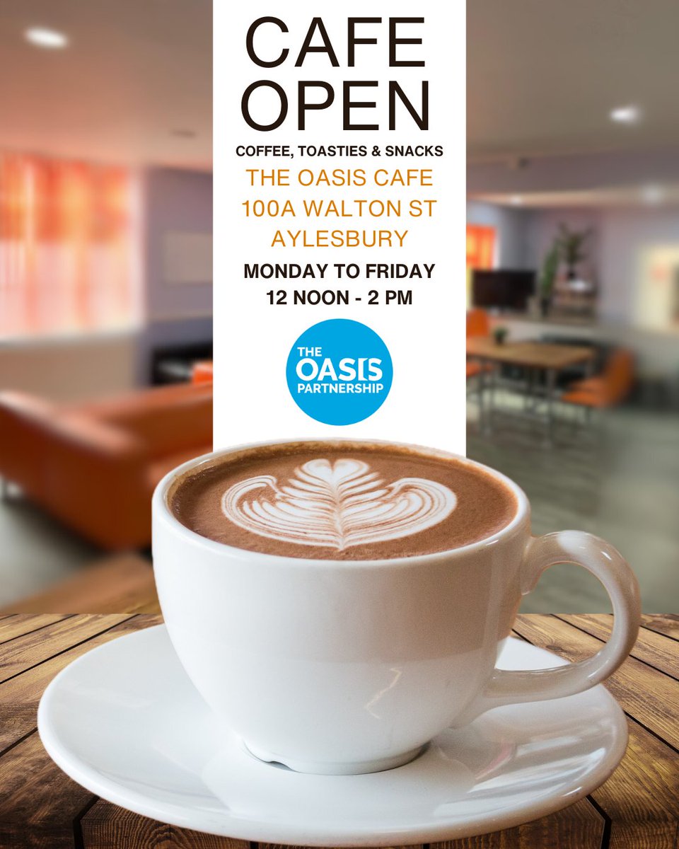The Oasis Cafe is your space to drop in, grab a drink or a bite to eat, and unwind in a warm, welcoming atmosphere and check out all the exciting opportunities we have to offer.

Monday - Friday 12 noon - 2pm

📍The Oasis Cafe 100a Walton Street HP21 7QP