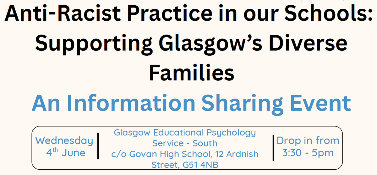 Looking to improve your anti-racist practice? Join GEPS for an information sharing drop-in event to hear from a wide range of local and city-wide services and community organisations who support BPOC, asylum seeking and refugee families within Glasgow. blogs.glowscotland.org.uk/glowblogs/glas…