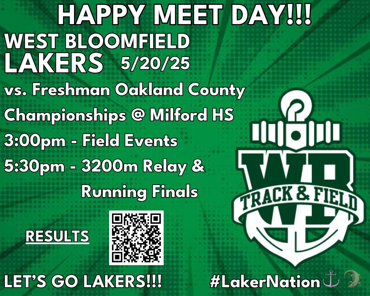 WB Lakers TF/XC (@wbtfxc) on Twitter photo HAPPY MEET DAY!!!
5/20/25 Freshman Oakland County Championships @ Milford HS
3:00pm - Field Events
5:30pm - 3200m Relay & Running Finals
Results: athletic.net/TrackAndField/…
#LakerNation⚓️🐊 #TeamWB #OnlyWB
<a href="/ZHilbs/">Zachary Hilbers</a> HAPPY MEET DAY!!!
5/20/25 Freshman Oakland County Championships @ Milford HS
3:00pm - Field Events
5:30pm - 3200m Relay & Running Finals
Results: athletic.net/TrackAndField/…
#LakerNation⚓️🐊 #TeamWB #OnlyWB
<a href="/ZHilbs/">Zachary Hilbers</a>