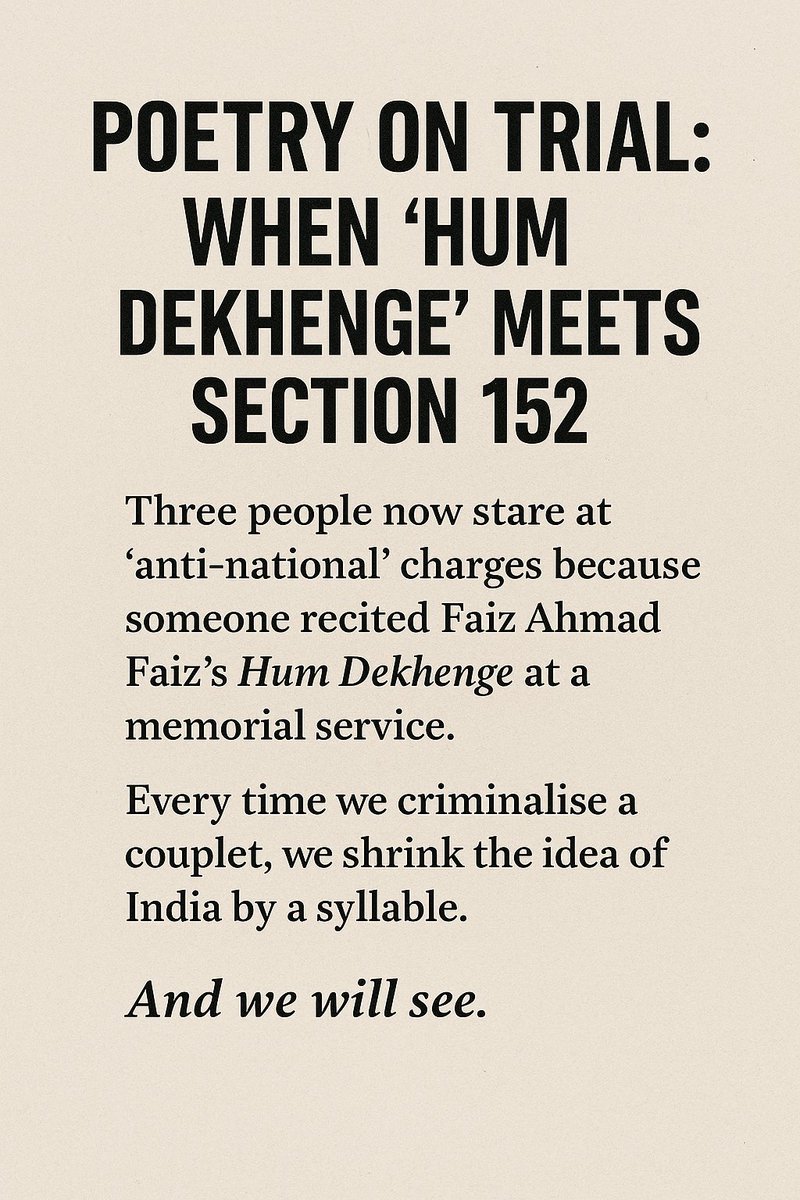 Let’s read Faiz aloud — in Urdu, Hindi, Bengla, even Klingon if that helps. Let’s remind ourselves that metaphors don’t carry Molotovs, they carry mirrors. 
#HumDekhenge 

timesofindia.indiatimes.com/blogs/prasad-s…