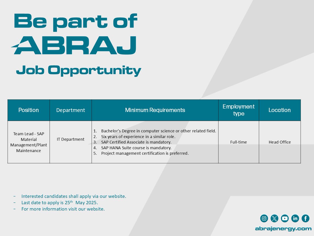 Be part of #Abraj_Energy_Services team 

For more details, please visit our website: 
lnkd.in/ddEUSRKn

#job_vacancy