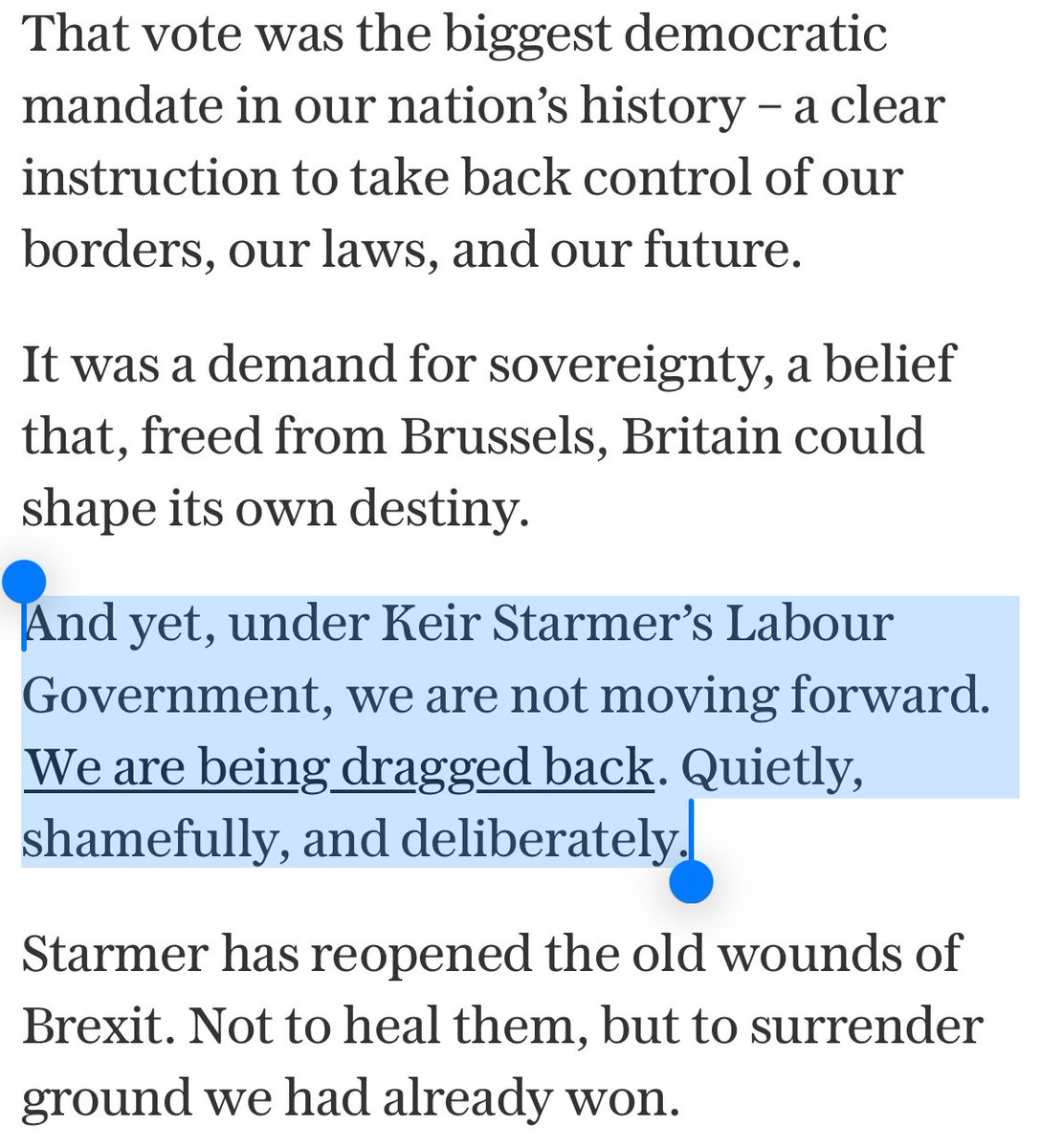 KemiBadenoch's tweet image. Nearly a decade after the British people voted to settle Brexit and take back control, Keir Starmer is re-opening the debate. 

His EU deal breaks every promise Labour made – on laws, borders, farming, fishing, and defence.

This deal is not the future we were promised.

My piece…