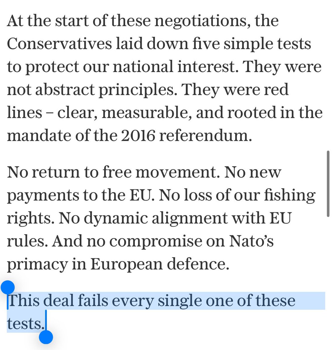 KemiBadenoch's tweet image. Nearly a decade after the British people voted to settle Brexit and take back control, Keir Starmer is re-opening the debate. 

His EU deal breaks every promise Labour made – on laws, borders, farming, fishing, and defence.

This deal is not the future we were promised.

My piece…