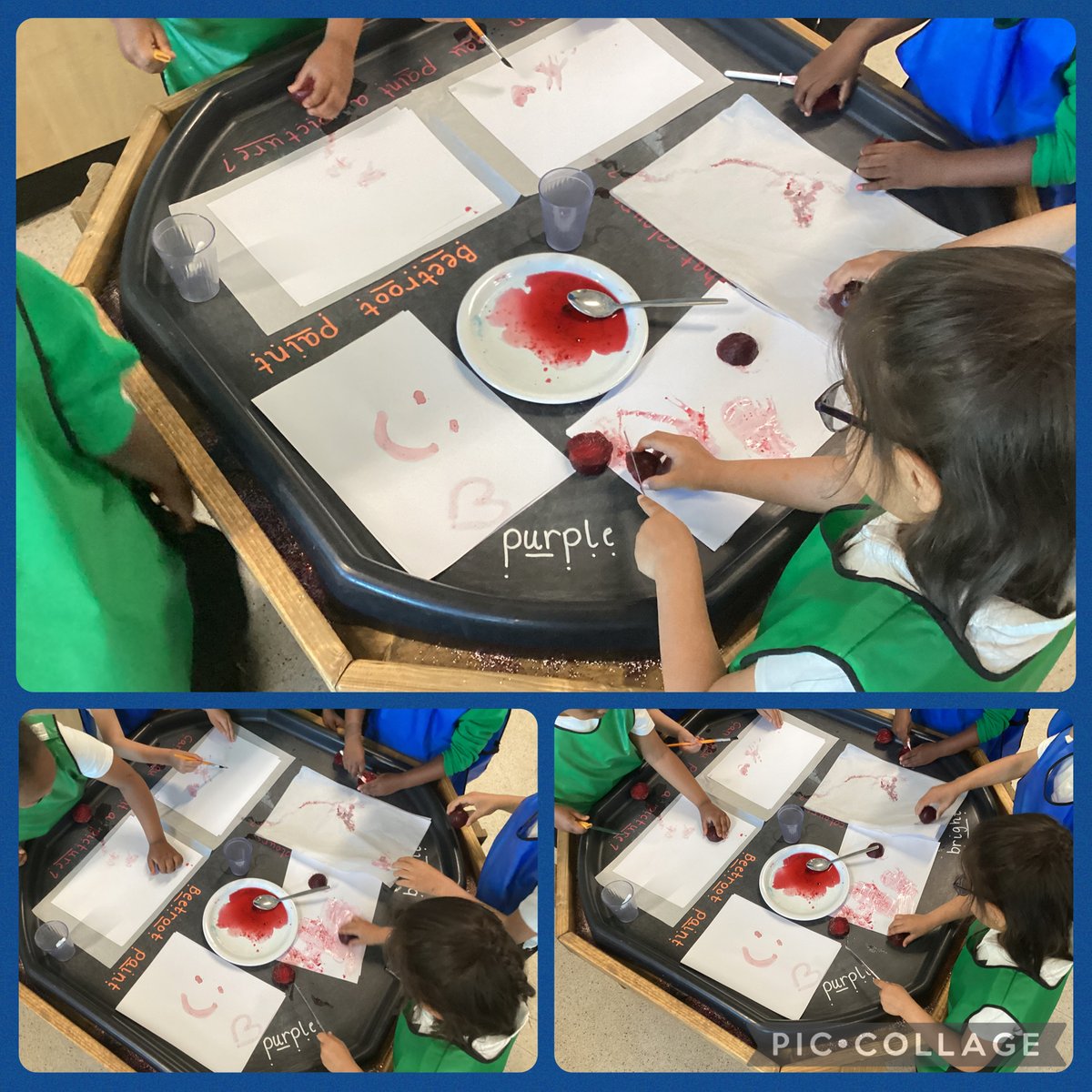 Curriculum update📣Class Ahlberg have been using beetroot to paint! They have been learning about different kinds of vegetables, how they grow &amp; learning about how life was different in the past,  people used to use beetroots &amp; other kinds of vegetables &amp; fruit to paint! 🤩