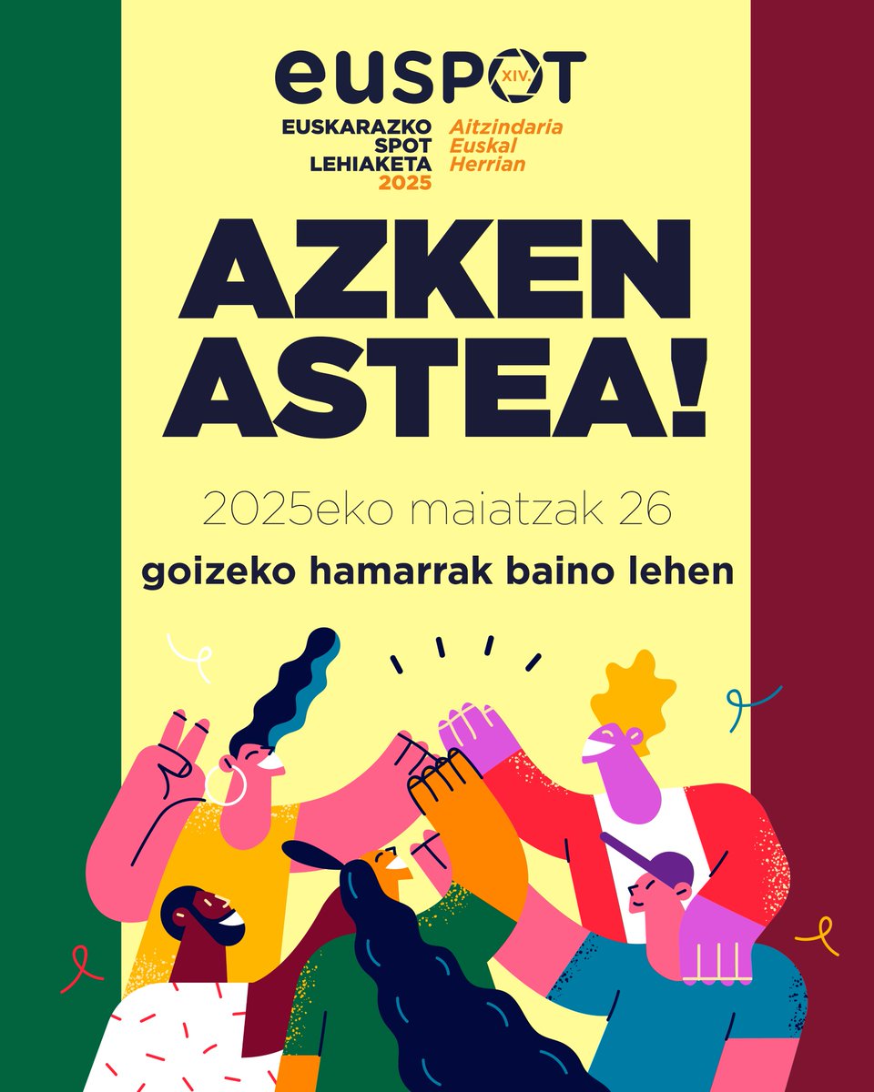 ⏳ AZKEN ASTEA SPOTAK ENTREGATZEKO! 🎬
🗓️ GOGORATU: maiatzak 26, goizeko 10:00ak baino lehen entregatu behar dira! ⏰
👀Zure spota ikusteko gogotsu gaude! ✨