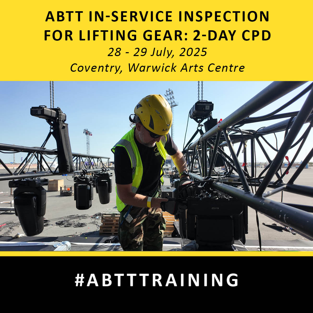 The ABTT In-Service Inspection for Lifting Gear – Ensure safe &amp; compliant lifting operations in theatre &amp; live events! Taken as a stand alone two day course or as part of the five day Silver Stage Award.

📅 28–29 July
📍 Warwick Arts Centre

Book: abtt.org.uk/events/abtt-in…