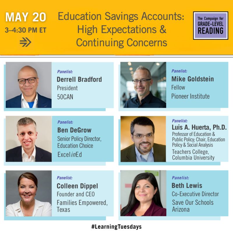 TUNE IN TODAY from 2-3:30pm CT for Campaign for Grade-Level Reading's #LearningTuesdays session on the expansion of Education Savings Accounts (ESAs)

📌 REGISTER HERE: bit.ly/43tLDe9