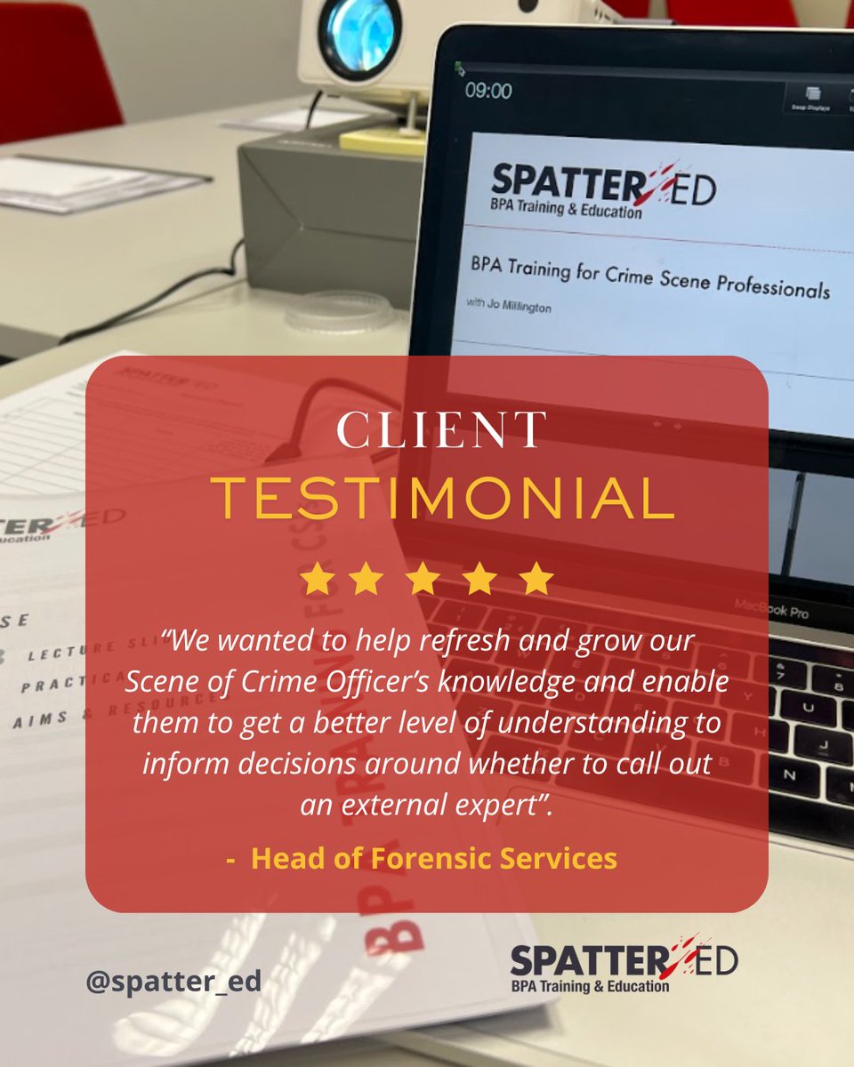 If you manage a forensic services team or oversee CSI professional development, we can provide training tailored to your operational needs - from basic skills to advanced analysis techniques.

Learn how our training programs can support your team: spattered.co.uk