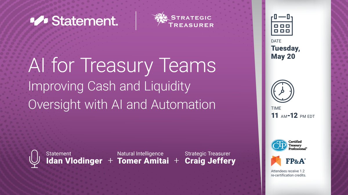 Join us today for our upcoming webinar "AI for Treasury Teams" sponsored by Statement.io. You're sure to walk away with actionable takeaways grounded in real-world experience. 

Don't miss this one! Register now: strategictreasurer.com/webinar-ai-for…