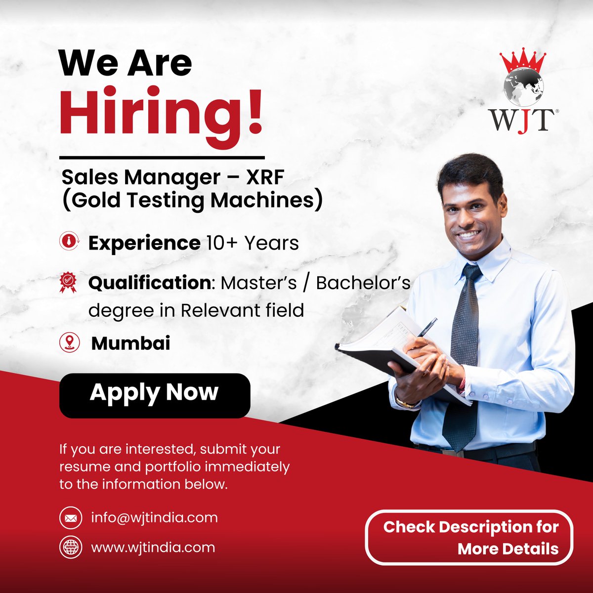 wjtindia's tweet image. Job Title: Sales Manager – XRF Gold Testing Machines

Apply Now 
E-mail :  info@wjtindia.com

#SalesManager #XRFtechnology #GoldTestingMachines #HiringNow #WJTIndia #SalesJobsIndia #EngineeringCareers #JobAlert #TechSales #JoinOurTeam #PreciousMetalsIndustry #GoldPurityTesting