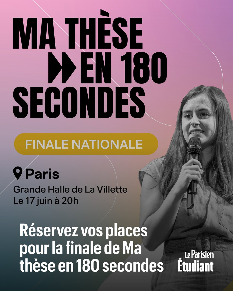 Le Parisien Étudiant (@p_etudiant) on Twitter photo Réservez votre place pour la finale du concours Ma thèse en 180 secondes ! 
Entrée gratuite (sur inscription)
Avec <a href="/FranceUniv/">France Universités</a> <a href="/MT180FR/">MT180</a> et le CNRS
➡️ l.leparisien.fr/RKZu Réservez votre place pour la finale du concours Ma thèse en 180 secondes ! 
Entrée gratuite (sur inscription)
Avec <a href="/FranceUniv/">France Universités</a> <a href="/MT180FR/">MT180</a> et le CNRS
➡️ l.leparisien.fr/RKZu