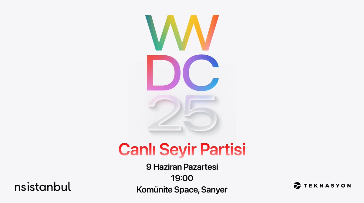 NSIstanbul (@ns_istanbul) on Twitter photo WWDC25 Seyir Partisi için geri sayım başlıyor! <a href="/TeknasyonTech/">Teknasyon Tech</a> sponsorluğunda, 9 Haziran Pazartesi akşamı saat 19:00’da Komünite Space’te buluşuyoruz.
Kayıtlar 22 Mayıs Perşembe, saat 13:00’te Kommunity sayfamız üzerinden açılacak. Kontenjan sınırlıdır. WWDC25 Seyir Partisi için geri sayım başlıyor! <a href="/TeknasyonTech/">Teknasyon Tech</a> sponsorluğunda, 9 Haziran Pazartesi akşamı saat 19:00’da Komünite Space’te buluşuyoruz.
Kayıtlar 22 Mayıs Perşembe, saat 13:00’te Kommunity sayfamız üzerinden açılacak. Kontenjan sınırlıdır.