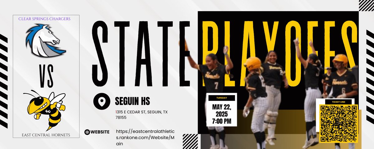 EC Hornet Football (@_ecfootball) on Twitter photo 📣 EC SOFTBALL - STATE SEMIFINALS 📣
🗓️ Thursday, May 22, 2025
📍 Seguin High School
🕖 7:00 PM
🏆 EC vs. Clear Springs Chargers
🎟️ Scan the QR code for tickets!
🔥 COME EARLY, BE LOUD
🔥 STAY LATE, BE LOUD
#HISTORYMAKERS
<a href="/ECISDtweets/">East Central ISD</a> <a href="/ArriolaSuzette/">Suzette Arriola</a> <a href="/_ECAthletics/">ECHS Hornet Athletics</a> <a href="/_ECSoftball/">East Central Softball🥎</a> 📣 EC SOFTBALL - STATE SEMIFINALS 📣
🗓️ Thursday, May 22, 2025
📍 Seguin High School
🕖 7:00 PM
🏆 EC vs. Clear Springs Chargers
🎟️ Scan the QR code for tickets!
🔥 COME EARLY, BE LOUD
🔥 STAY LATE, BE LOUD
#HISTORYMAKERS
<a href="/ECISDtweets/">East Central ISD</a> <a href="/ArriolaSuzette/">Suzette Arriola</a> <a href="/_ECAthletics/">ECHS Hornet Athletics</a> <a href="/_ECSoftball/">East Central Softball🥎</a>