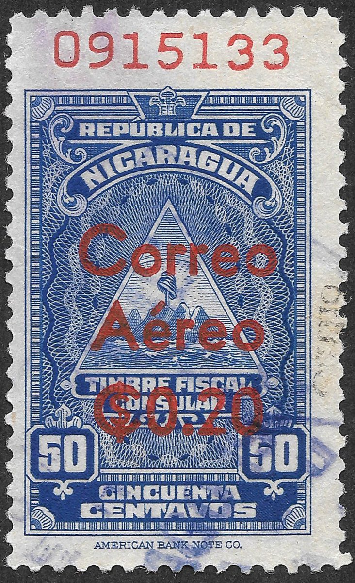 🇳🇮 From my Collection:  Nicaragua, Air Mail - Consular Service  Stamp Surcharged in red "Correo Aéreo - C$O.20" on 0.50c. Blue - Issue February  21, 1961. Unwmk. VFU.  These types of Nicaraguan engraved are wonderful, I  love them! 😻.  🇲🇽👍