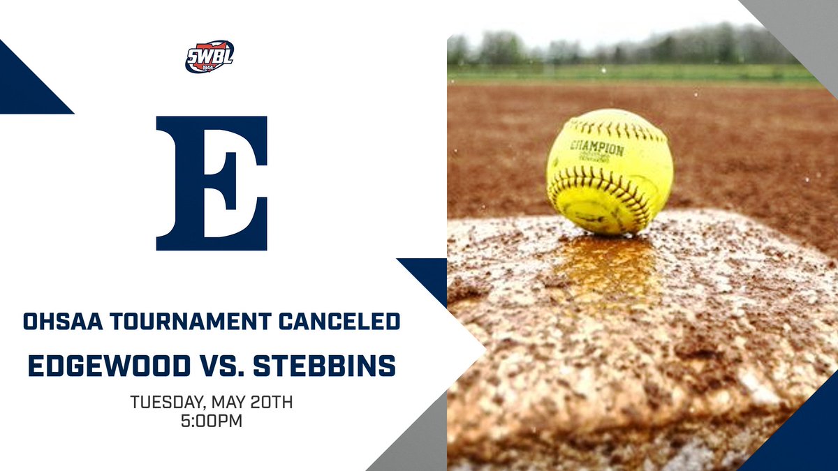Important update for all Edgewood Athletics fans: The OHSAA Tournament game vs. Stebbins on Tuesday, May 20th at 5:00PM has been canceled. Game will be played Wednesday, May 21st at Edgewood 5:00pm. @swblsports @swosportsdaily @thereportohio #THEEDGE