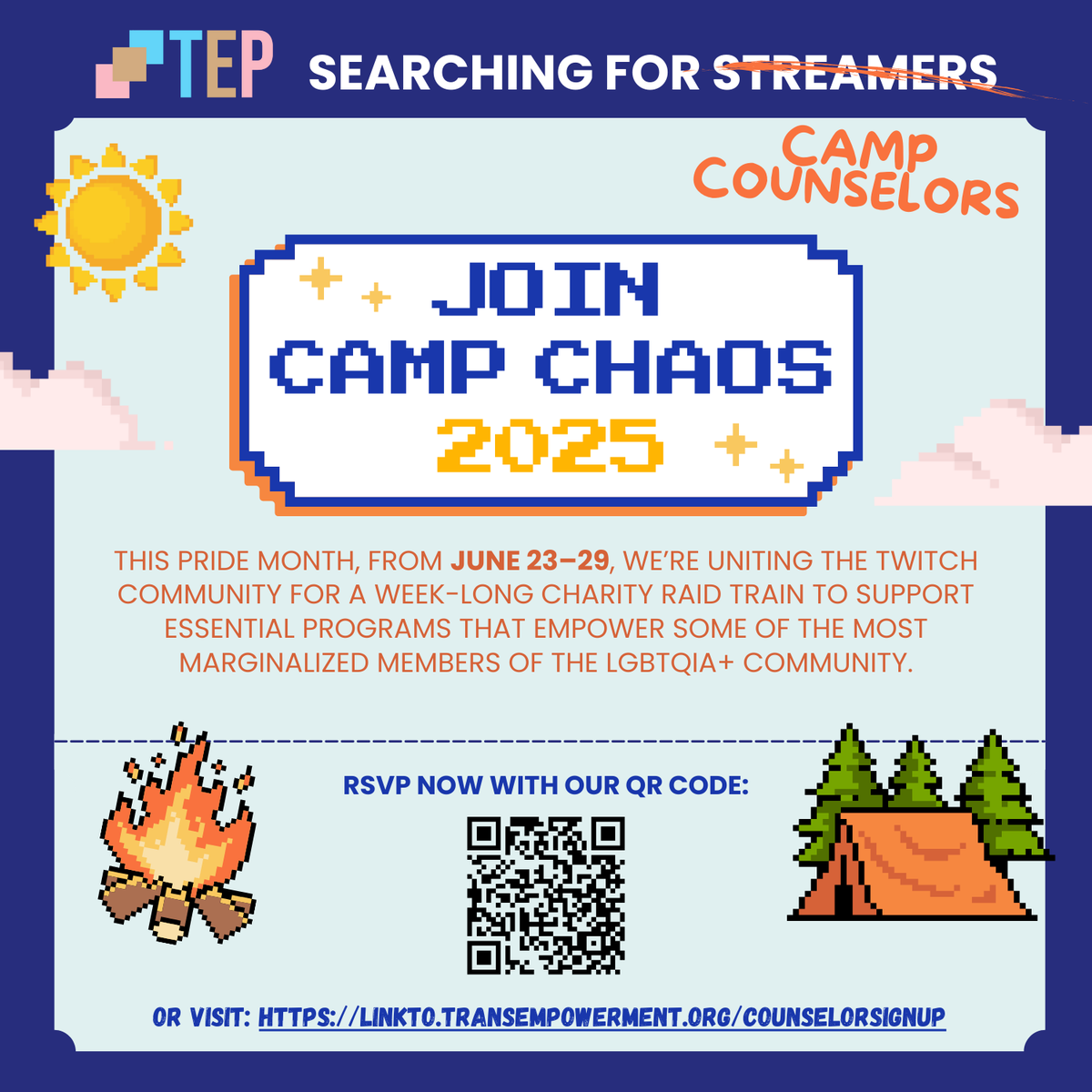 trans_empowered's tweet photo. Get ready for Camp Chaos, an exciting 7-day Twitch charity raid train happening from June 23–29! Join us in using our influence for good and celebrating trans joy, while reclaiming our power together!
#campchaos #charityraidtrain https://t.co/n31hr4H0Km