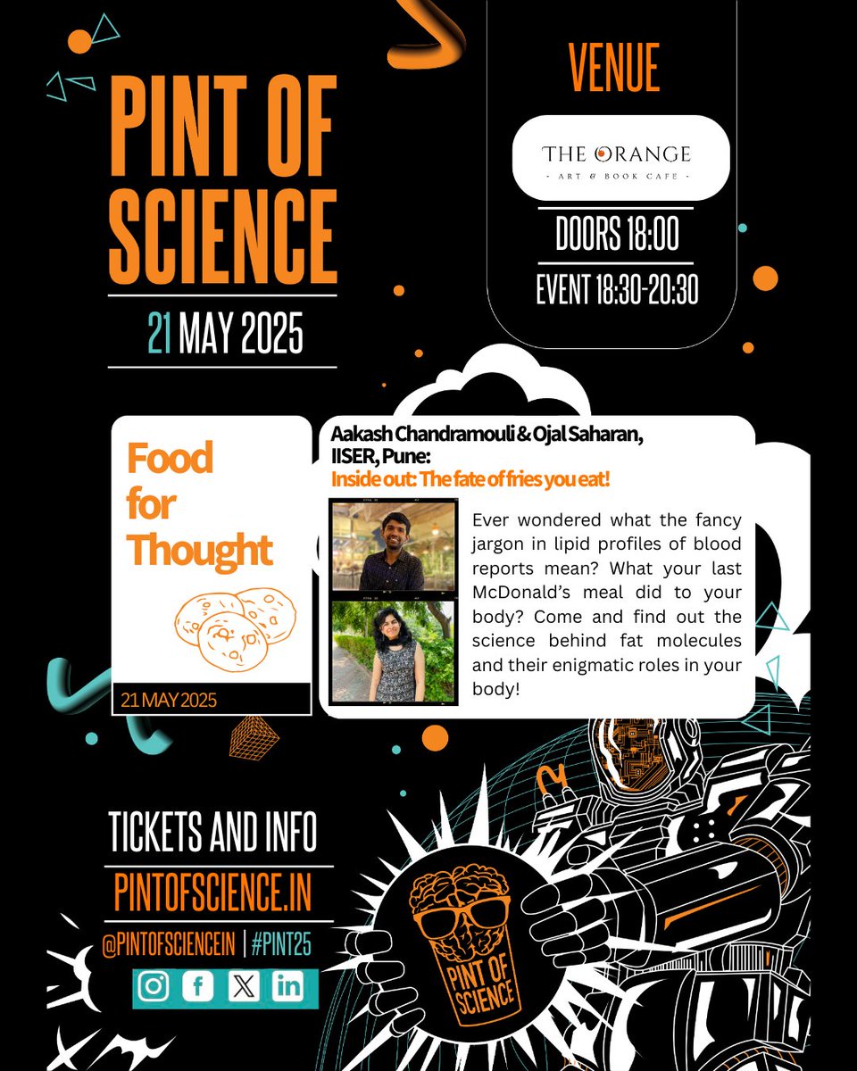 Aakash Chandramouli (@aakash0308) on Twitter photo Come and join me and <a href="/the_dope_drug/">Ojal Saharan</a> tomorrow (May 21) at the Orange Book Cafe, Aundh to discover about fats and their fascinating roles in our bodies!!
Thank you <a href="/KamatLab_IISER/">Siddhesh Kamat</a> for this opportunity and <a href="/pintofscienceIN/">pintofscienceIN</a> for organizing this amazing event!
bit.ly/PoS21May Come and join me and <a href="/the_dope_drug/">Ojal Saharan</a> tomorrow (May 21) at the Orange Book Cafe, Aundh to discover about fats and their fascinating roles in our bodies!!
Thank you <a href="/KamatLab_IISER/">Siddhesh Kamat</a> for this opportunity and <a href="/pintofscienceIN/">pintofscienceIN</a> for organizing this amazing event!
bit.ly/PoS21May