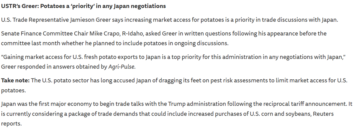National Potato Council (@thisspudsforyou) on Twitter photo 🛳️REPORT: “Gaining market access for U.S. fresh potato exports to Japan is a top priority for this administration in any negotiations with Japan,” said <a href="/USTradeRep/">United States Trade Representative</a> Jamieson Greer in written answers to Sen <a href="/MikeCrapo/">Senator Mike Crapo</a>. Via <a href="/agripulse/">Agri-Pulse Communications</a>.
agri-pulse.com/articles/22934… 🛳️REPORT: “Gaining market access for U.S. fresh potato exports to Japan is a top priority for this administration in any negotiations with Japan,” said <a href="/USTradeRep/">United States Trade Representative</a> Jamieson Greer in written answers to Sen <a href="/MikeCrapo/">Senator Mike Crapo</a>. Via <a href="/agripulse/">Agri-Pulse Communications</a>.
agri-pulse.com/articles/22934…