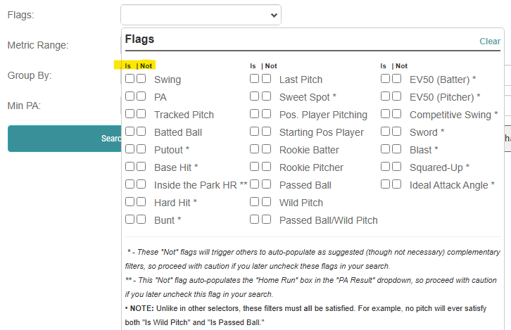 We've also updated the Flags section so that you can better target the data

baseballsavant.mlb.com/statcast_search