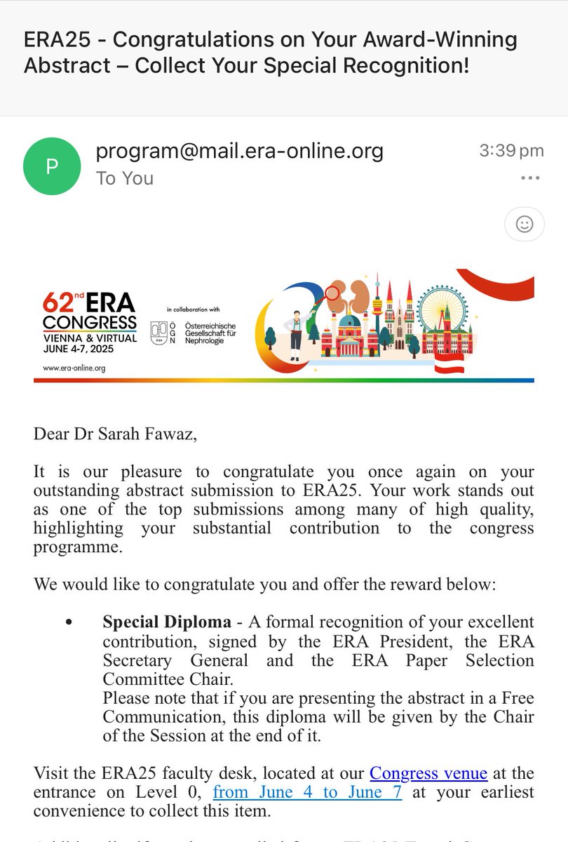 Sarah Fawaz (@sarahfawwaz) on Twitter photo Proud to share this achievement, and that I will be presenting my current work at ERA Congress 2025 in Vienna, 06-06-2025, in the Kidney Transplatations: Interventions session.
<a href="/UniofOxford/">University of Oxford</a> <a href="/InQuod/">QUOD - Quality in Organ Donation</a> <a href="/NDSurgicalSci/">Nuffield Department of Surgical Sciences</a> <a href="/Kidney_Research/">Kidney Research UK</a> <a href="/kaisar_maria/">Maria Kaisar</a> <a href="/ERAkidney/">ERA - European Renal Association</a> Proud to share this achievement, and that I will be presenting my current work at ERA Congress 2025 in Vienna, 06-06-2025, in the Kidney Transplatations: Interventions session.
<a href="/UniofOxford/">University of Oxford</a> <a href="/InQuod/">QUOD - Quality in Organ Donation</a> <a href="/NDSurgicalSci/">Nuffield Department of Surgical Sciences</a> <a href="/Kidney_Research/">Kidney Research UK</a> <a href="/kaisar_maria/">Maria Kaisar</a> <a href="/ERAkidney/">ERA - European Renal Association</a>