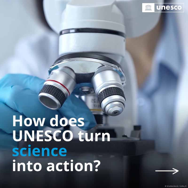 UNESCO's tweet photo. The “S” in UNESCO stands for science — a core part of our work and a powerful tool to build a more sustainable world.

Swipe to see how we use science for impact! 👉