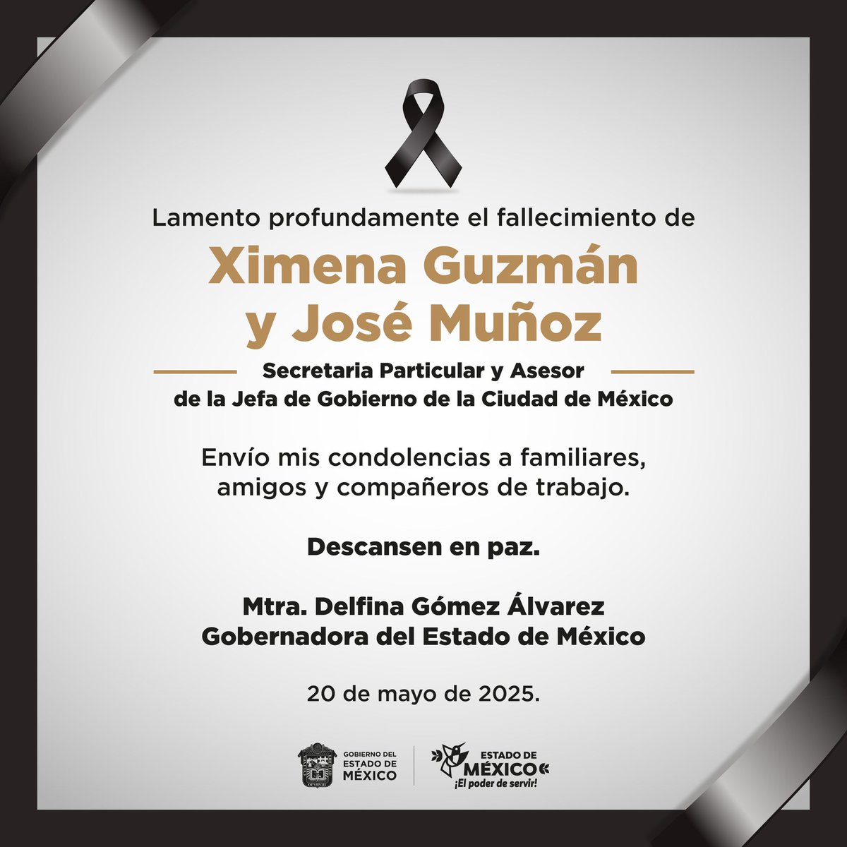 delfinagomeza's tweet photo. Lamento profundamente el fallecimiento de Ximena Guzmán y José Muñoz, colaboradores del Gobierno de la Ciudad de México. 
Nuestras condolencias a familiares y amigos. 
Pronta resignación.
Un fuerte abrazo a mi amiga @ClaraBrugadaM. https://t.co/QSTT9geHH8