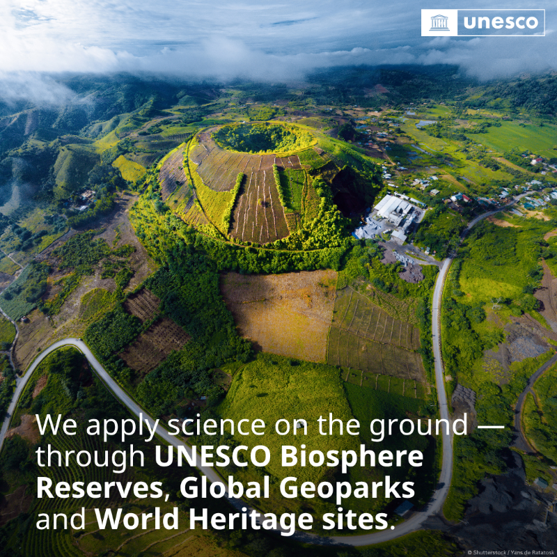 UNESCO's tweet photo. The “S” in UNESCO stands for science — a core part of our work and a powerful tool to build a more sustainable world.

Swipe to see how we use science for impact! 👉