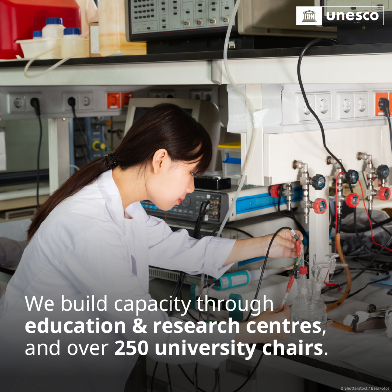 UNESCO's tweet photo. The “S” in UNESCO stands for science — a core part of our work and a powerful tool to build a more sustainable world.

Swipe to see how we use science for impact! 👉