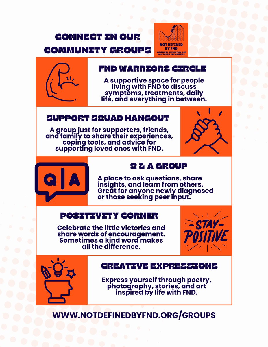 Our community groups just got an upgrade! 

We’ve reorganized and refreshed our online community groups to better support YOU—whether you’re living with FND, a supporter, or just looking to connect or learn.

👉 Read the blog to learn more! notdefinedbyfnd.org/post/we-ve-rev…
