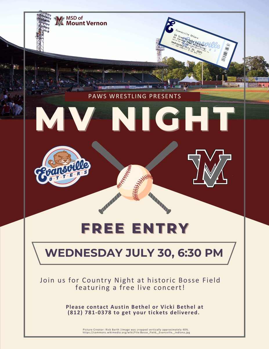 🚨MARK YOUR CALENDARS🚨 for MV Night at Bosse Field with the Evansville Otters! Bring your friends and family to this free event featuring a free live concert. You won't want to miss this! #wearemv #mountvernon #evansville #otters #baseball #summer #countrynight