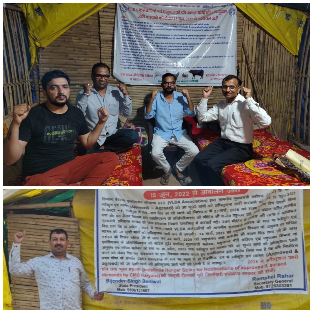 DVA633SKS's tweet photo. पशुपालन विभाग में DG ��द पर #IAS अधिकारी की नियुक्ति एवं VLDA कर्मचारियों की माननीय मुख्यमंत्री महोदय @cmohry द्वारा स्वीकृत मांगों के #Notifications जारी करवाने हेतु DVA Haryana द्वारा धरना स्थल सेक्टर पांच पंचकूला में 1071 दिनों से आंदोलन जारी। @NayabSainiBJP @cmohry  @csharyana https://t.co/SXEMYJA85Z