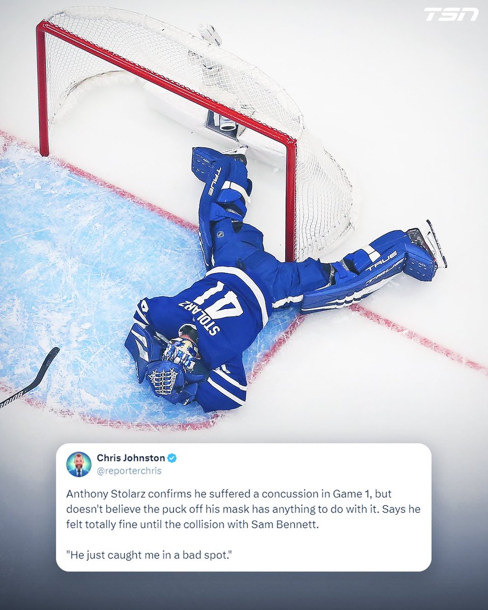 TSN_Sports's tweet photo. Anthony Stolarz confirms that he was concussed on the play with Sam Bennett. https://t.co/cV9LWYnDFG