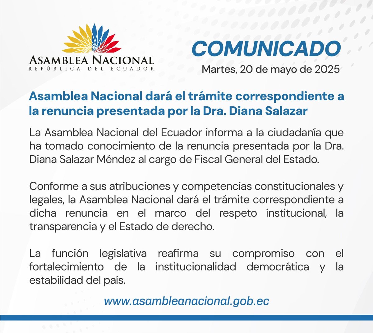 Asamblea Nacional dará el trámite correspondiente a la renuncia presentada por la Dra. Diana Salazar #Comunicado #AsambleaEc2025