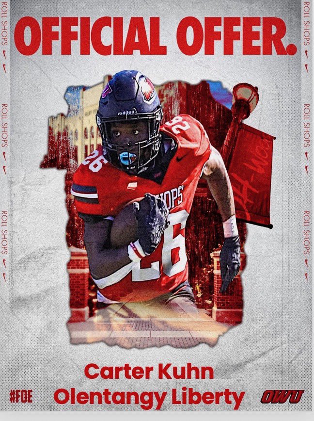 Carter Kuhn (@carterkuhn22) on Twitter photo After great conversations with <a href="/CoachTomWatts/">Tom Watts</a> I am blessed to receive an OFFICIAL OFFER from Ohio Wesleyan University <a href="/olibfb/">Olentangy Liberty Football Recruiting</a> <a href="/owen_fankhauser/">Owen Fankhauser</a> <a href="/Kstaff07/">kstaff</a> After great conversations with <a href="/CoachTomWatts/">Tom Watts</a> I am blessed to receive an OFFICIAL OFFER from Ohio Wesleyan University <a href="/olibfb/">Olentangy Liberty Football Recruiting</a> <a href="/owen_fankhauser/">Owen Fankhauser</a> <a href="/Kstaff07/">kstaff</a>