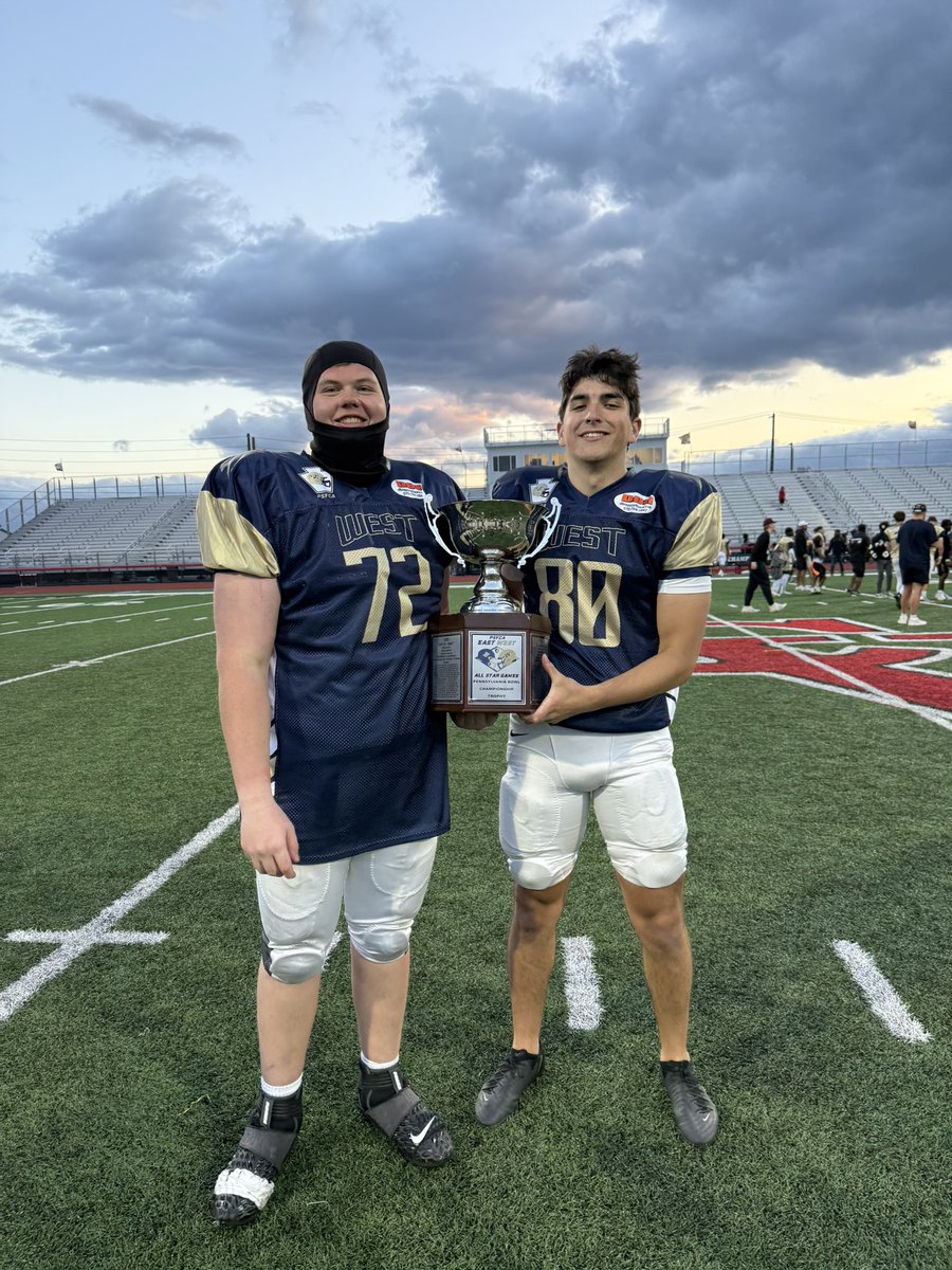 PRRamsTDClub's tweet photo. @GrantArgiro and @nindl_joshua represented Pine-Richland football well at the annual PSFCA East/West all star game! The West team got the “W!” https://t.co/2d7fDFDZOz